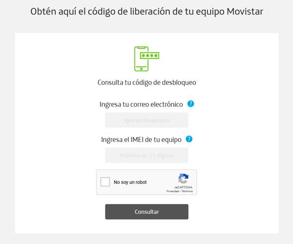 Formulario para desbloquear un celular de Movistar México