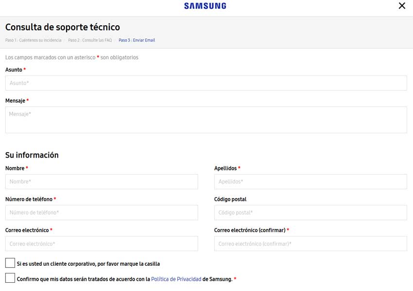 Formulario soporte contacto Samsung